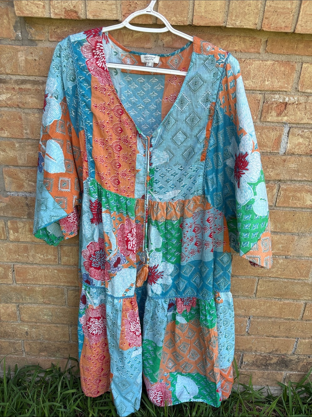 Orientique Naturally Boho dress with Teal, Orange & Green Patchwork